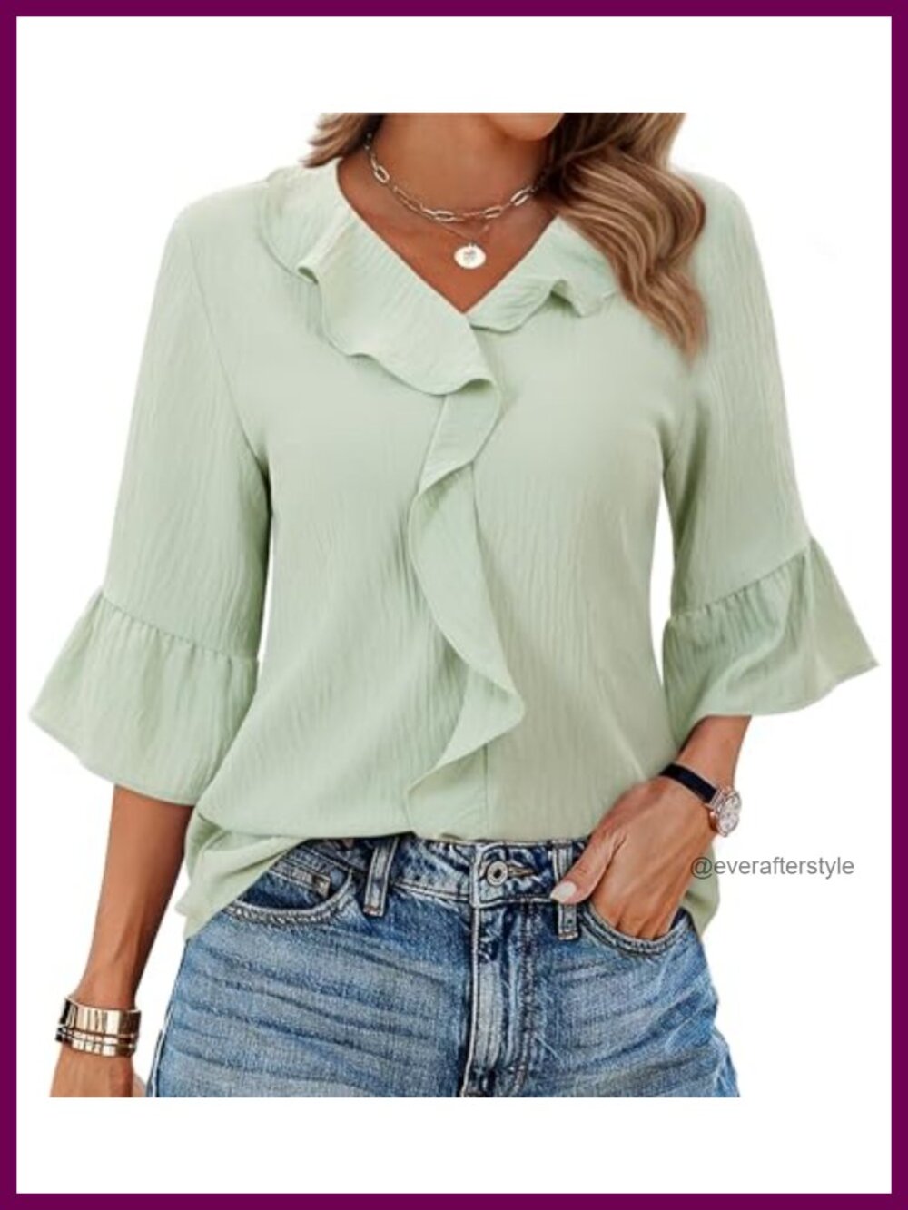 Women's 3/4 Sleeve Ruffle Bell Sleeve Blouse V-Neck Dressy Casual Work Top